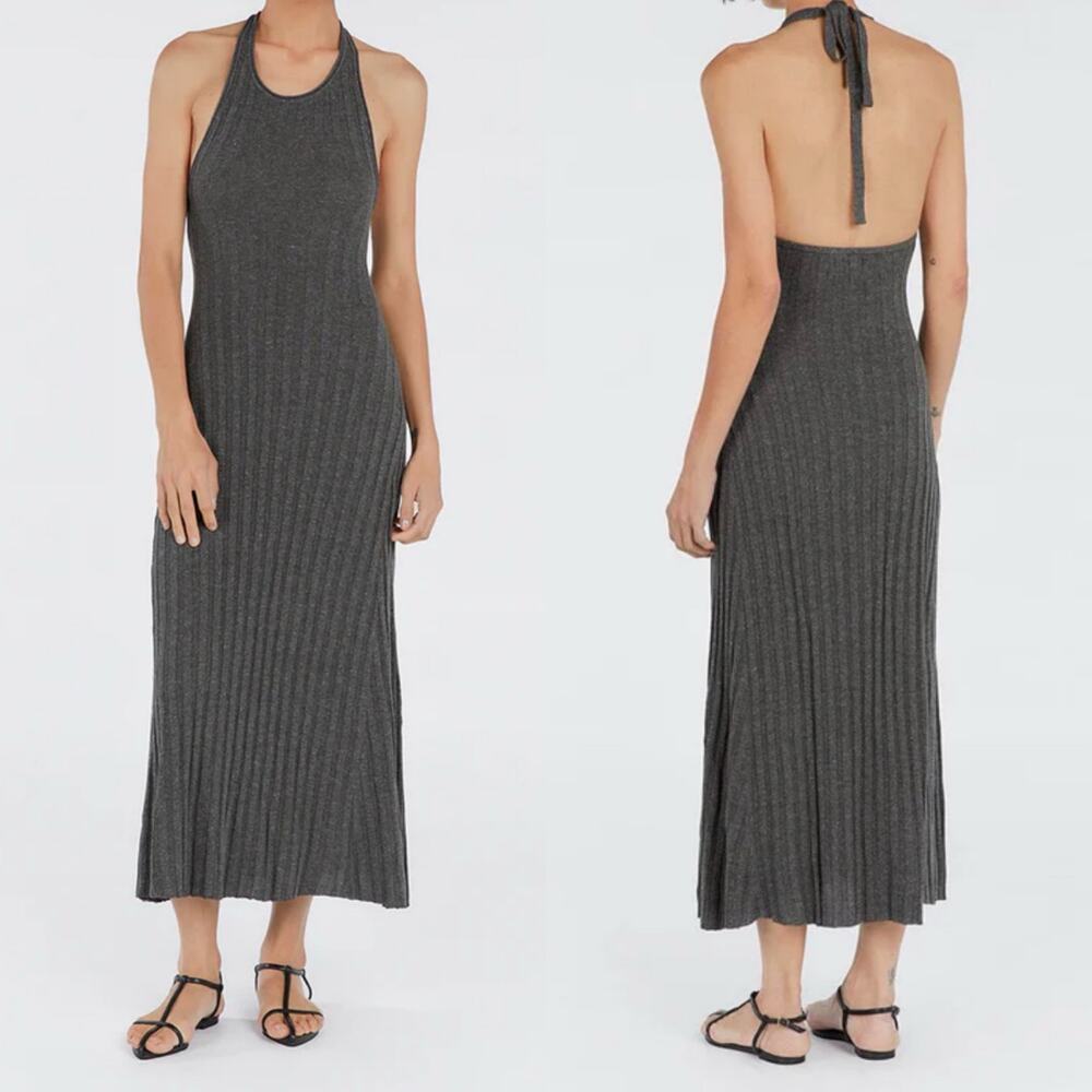 Dissh‎ Goldie Slate Marle Midi Dress Halter Ribbed XL Grey Stretch linen Blend